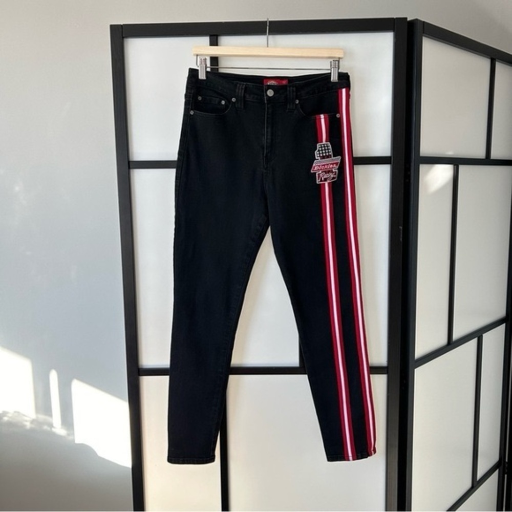 Dickies Faded Black Denim Red & White Racing Stripe Distressed Skinny Jean